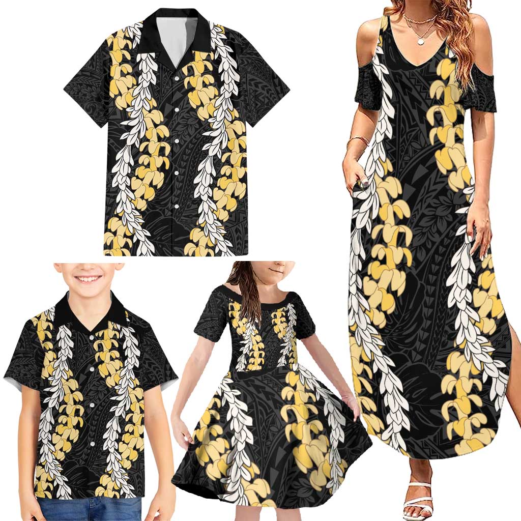 Puakenikeni and Maile Lei Family Matching Summer Maxi Dress and Hawaiian Shirt Black Double Strand Lei