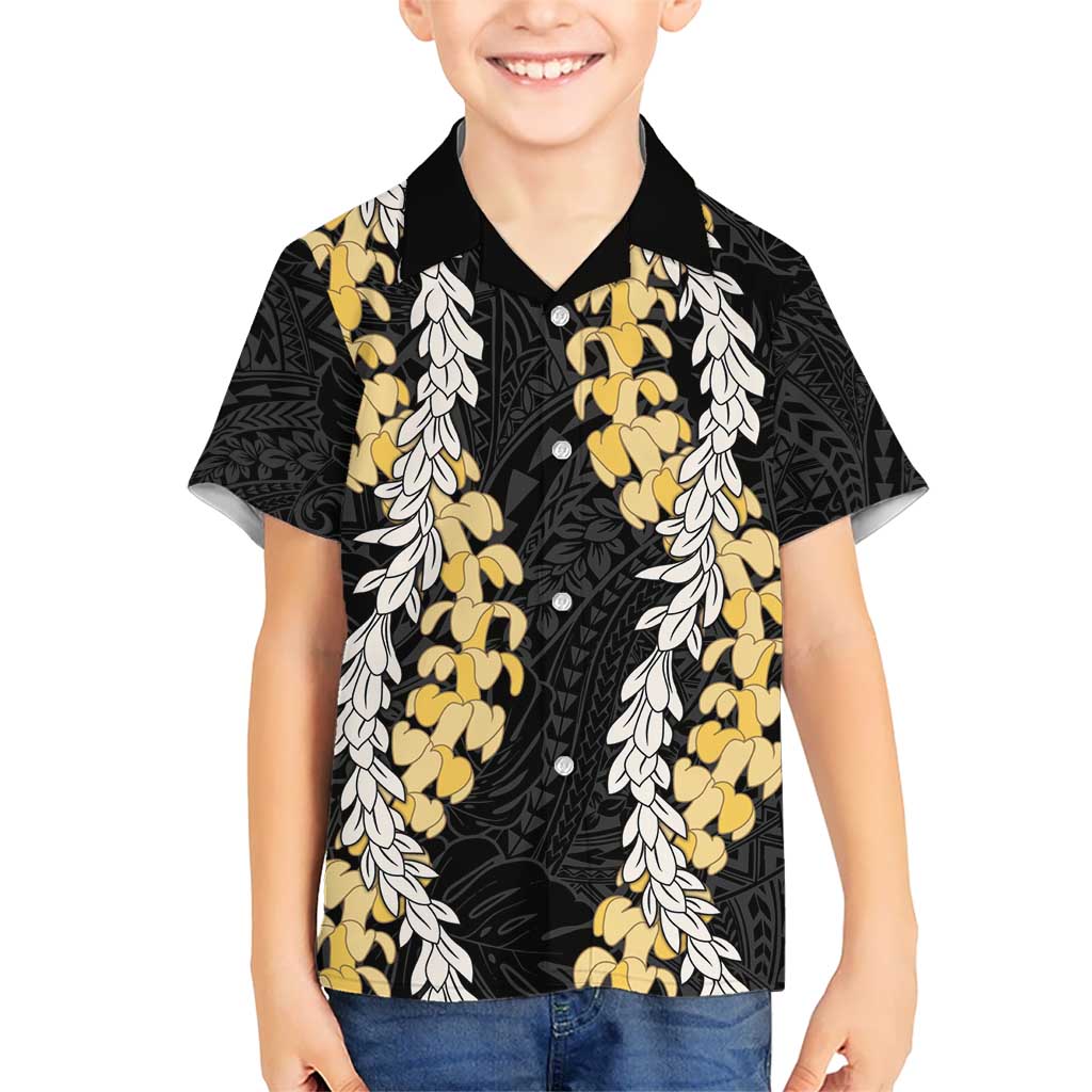 Puakenikeni and Maile Lei Kid Hawaiian Shirt Black Double Strand Lei
