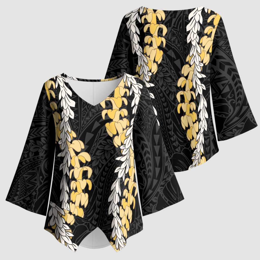 Puakenikeni and Maile Lei Kimono Sleeve Blouse Black Double Strand Lei - Polynesian Pride