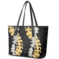 Puakenikeni and Maile Lei Leather Tote Bag Black Double Strand Lei