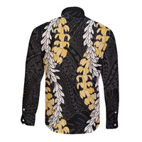 Puakenikeni and Maile Lei Long Sleeve Button Shirt Black Double Strand Lei