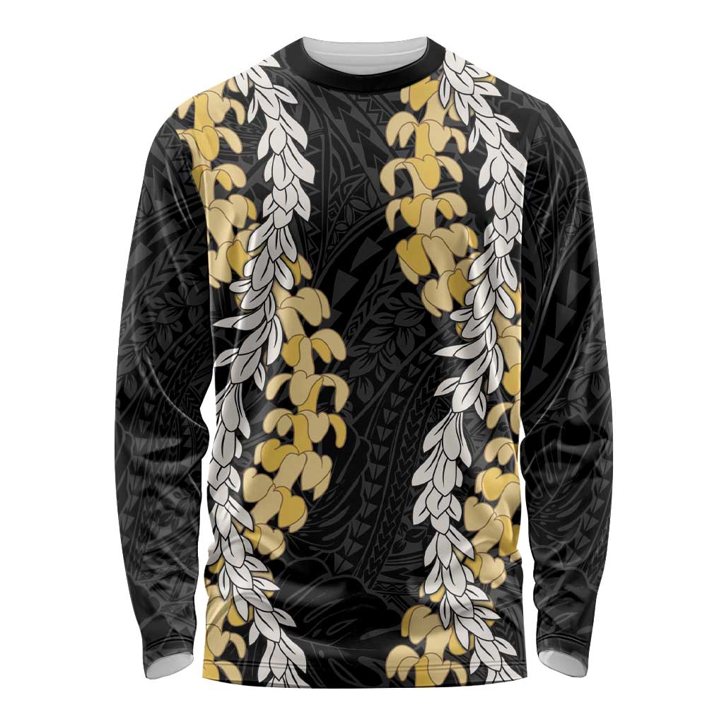 Puakenikeni and Maile Lei Long Sleeve Shirt Black Double Strand Lei