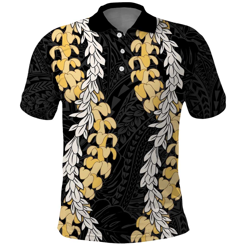 Puakenikeni and Maile Lei Polo Shirt Black Double Strand Lei LT9 Black - Polynesian Pride