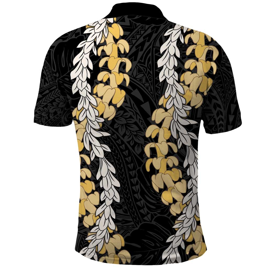 Puakenikeni and Maile Lei Polo Shirt Black Double Strand Lei LT9 - Polynesian Pride