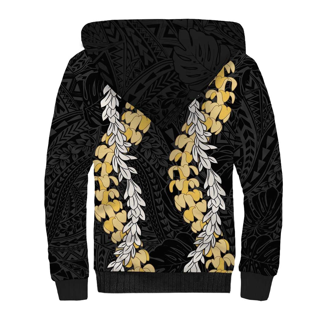 Puakenikeni and Maile Lei Sherpa Hoodie Black Double Strand Lei
