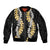Puakenikeni and Maile Lei Sleeve Zip Bomber Jacket Black Double Strand Lei