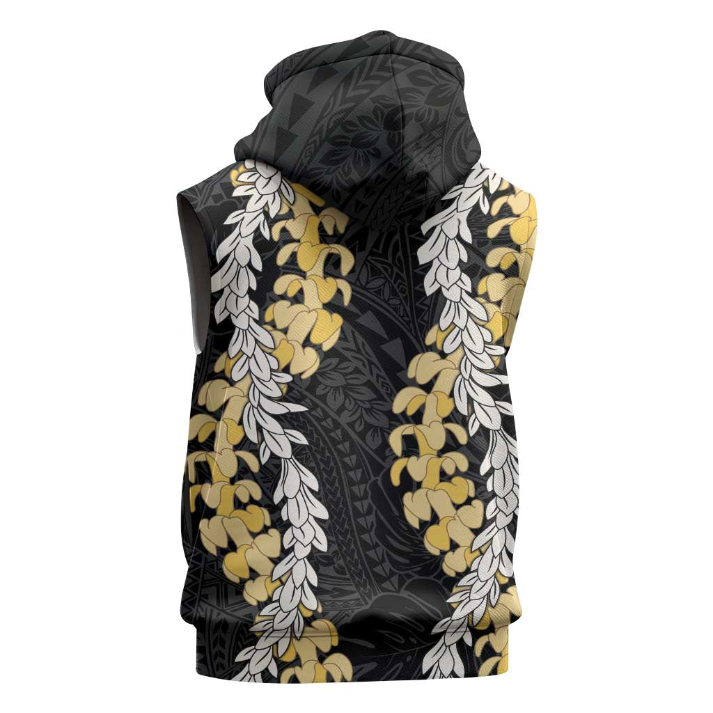 Puakenikeni and Maile Lei Sleeveless Zip Hoodie Black Double Strand Lei - Polynesian Pride