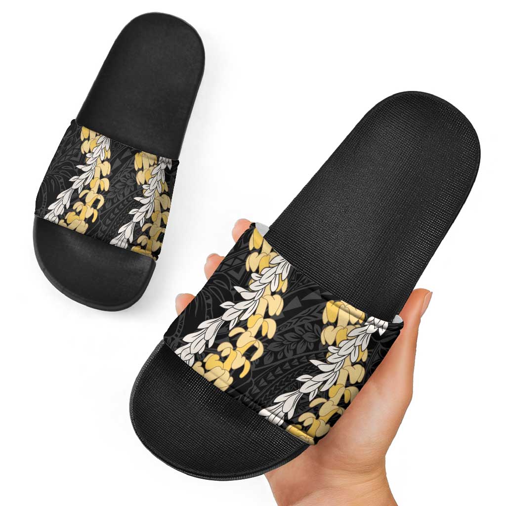 Puakenikeni and Maile Lei Slide Sandals Black Double Strand Lei - Polynesian Pride