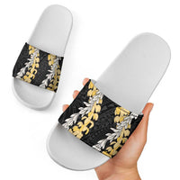 Puakenikeni and Maile Lei Slide Sandals Black Double Strand Lei - Polynesian Pride