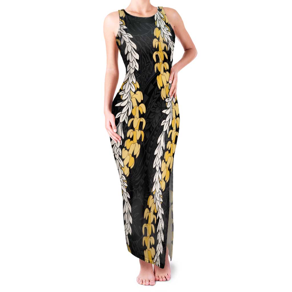 Puakenikeni and Maile Lei Tank Maxi Dress Black Double Strand Lei