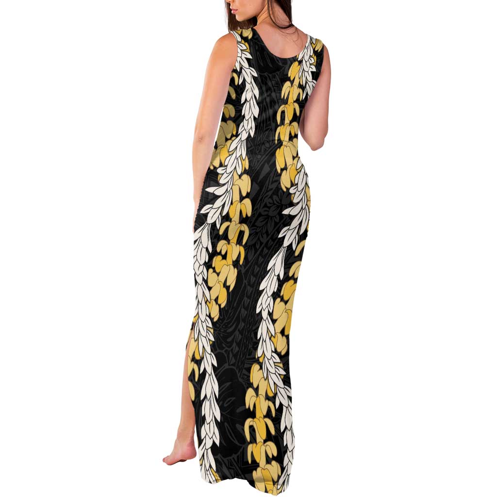 Puakenikeni and Maile Lei Tank Maxi Dress Black Double Strand Lei