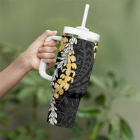 Puakenikeni and Maile Lei Tumbler With Handle Black Double Strand Lei
