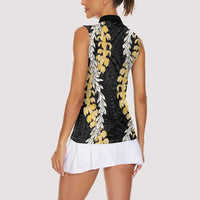 Puakenikeni and Maile Lei Women Sleeveless Polo Shirt Black Double Strand Lei