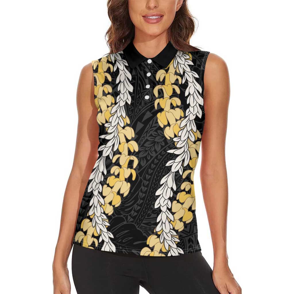 Puakenikeni and Maile Lei Women Sleeveless Polo Shirt Black Double Strand Lei