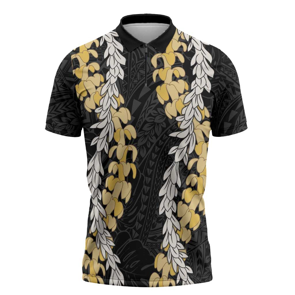 Puakenikeni and Maile Lei Zipper Polo Shirt Black Double Strand Lei - Polynesian Pride