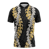 Puakenikeni and Maile Lei Zipper Polo Shirt Black Double Strand Lei - Polynesian Pride