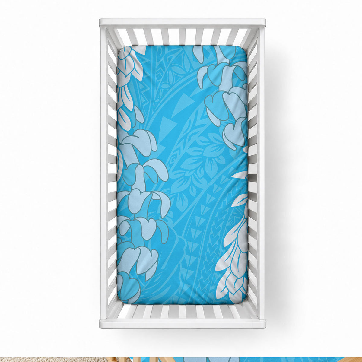 Puakenikeni and Maile Lei Baby Bed Cover Blue Double Strand Lei LT9 28 × 52 in Blue - Polynesian Pride