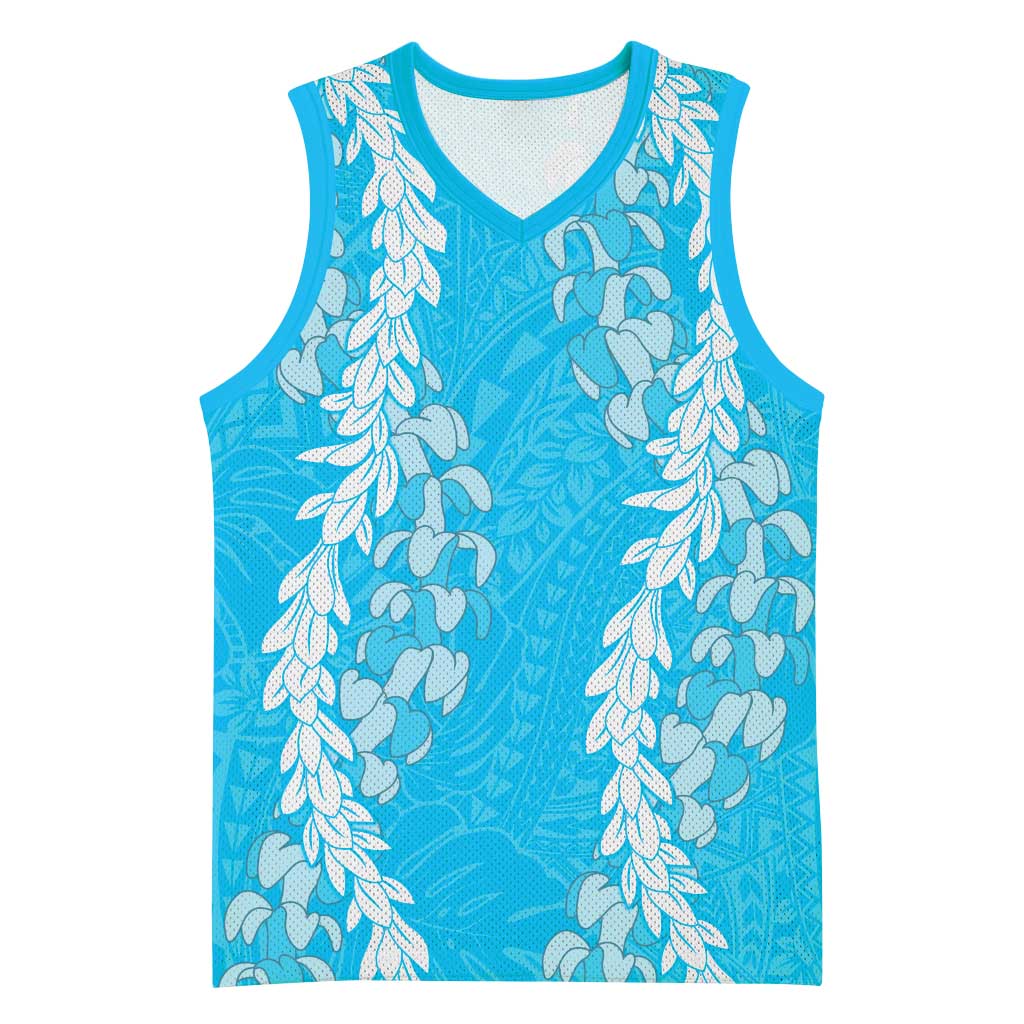 Puakenikeni and Maile Lei Basketball Jersey Blue Double Strand Lei - Polynesian Pride