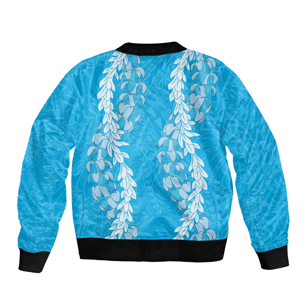 Puakenikeni and Maile Lei Bomber Jacket Blue Double Strand Lei