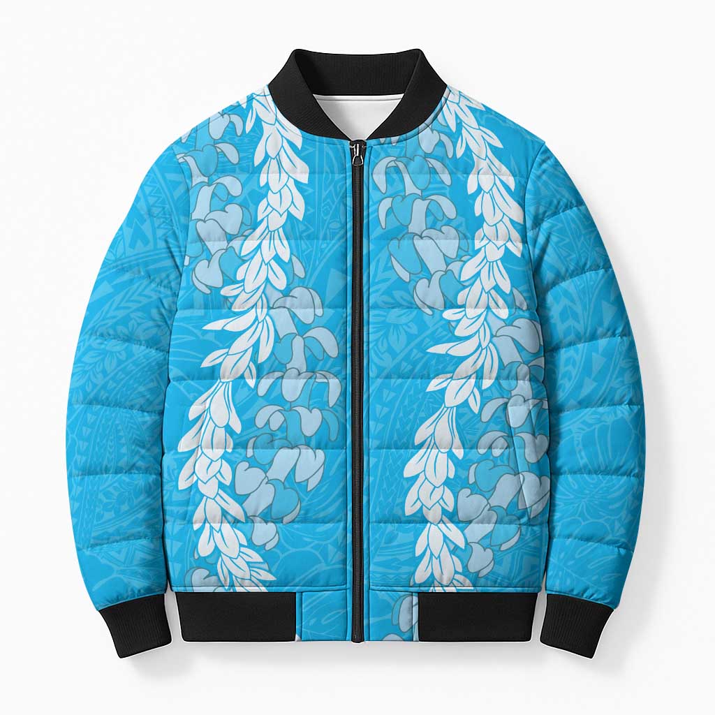 Puakenikeni and Maile Lei Bomber Puffer Jacket Blue Double Strand Lei LT9 Unisex Blue - Polynesian Pride