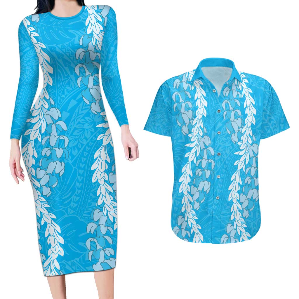 Puakenikeni and Maile Lei Couples Matching Long Sleeve Bodycon Dress and Hawaiian Shirt Blue Double Strand Lei