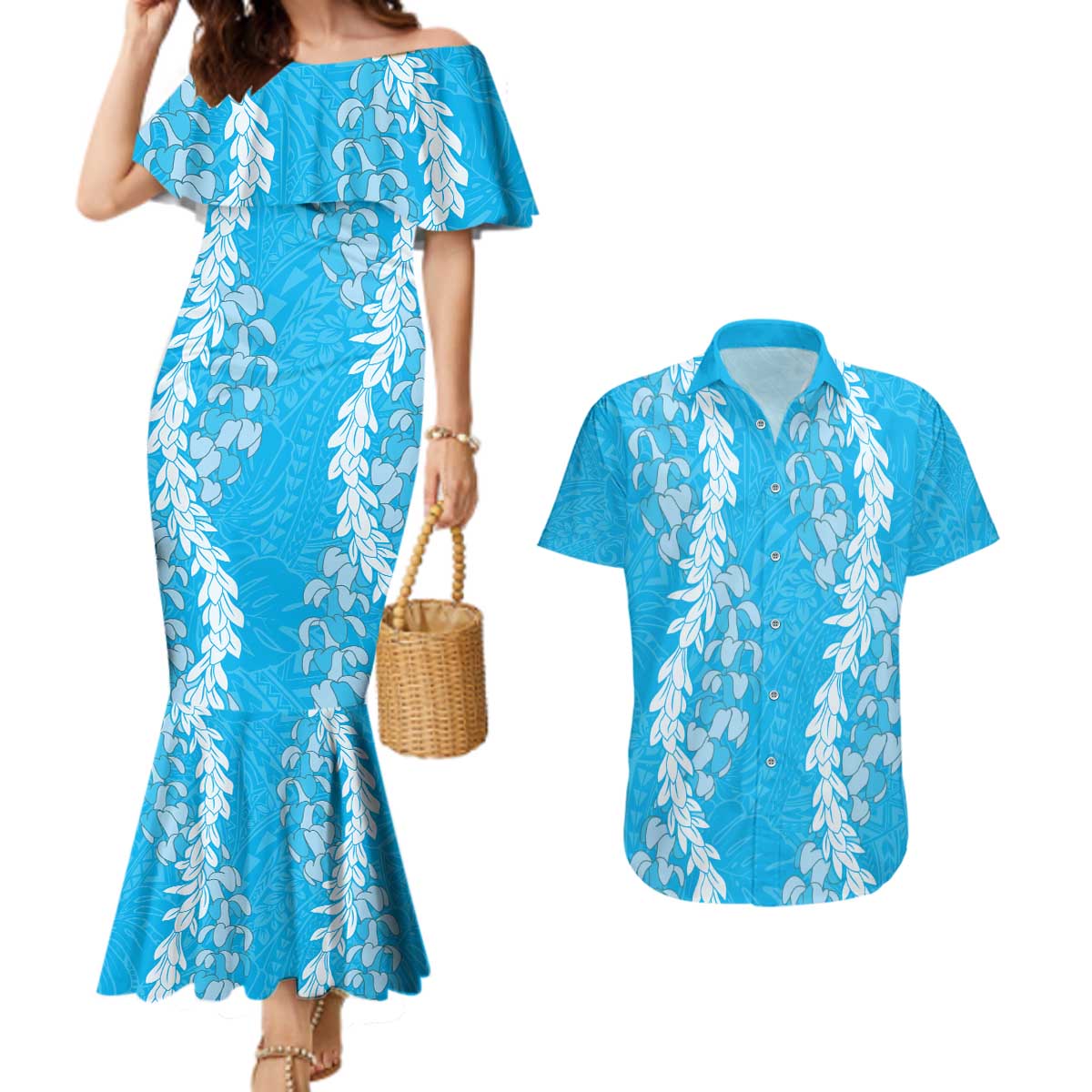 Puakenikeni and Maile Lei Couples Matching Mermaid Dress and Hawaiian Shirt Blue Double Strand Lei