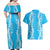 Puakenikeni and Maile Lei Couples Matching Off Shoulder Maxi Dress and Hawaiian Shirt Blue Double Strand Lei