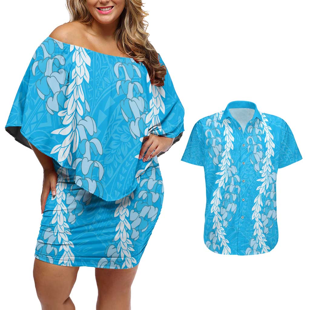 Puakenikeni and Maile Lei Couples Matching Off Shoulder Short Dress and Hawaiian Shirt Blue Double Strand Lei