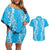 Puakenikeni and Maile Lei Couples Matching Off Shoulder Short Dress and Hawaiian Shirt Blue Double Strand Lei