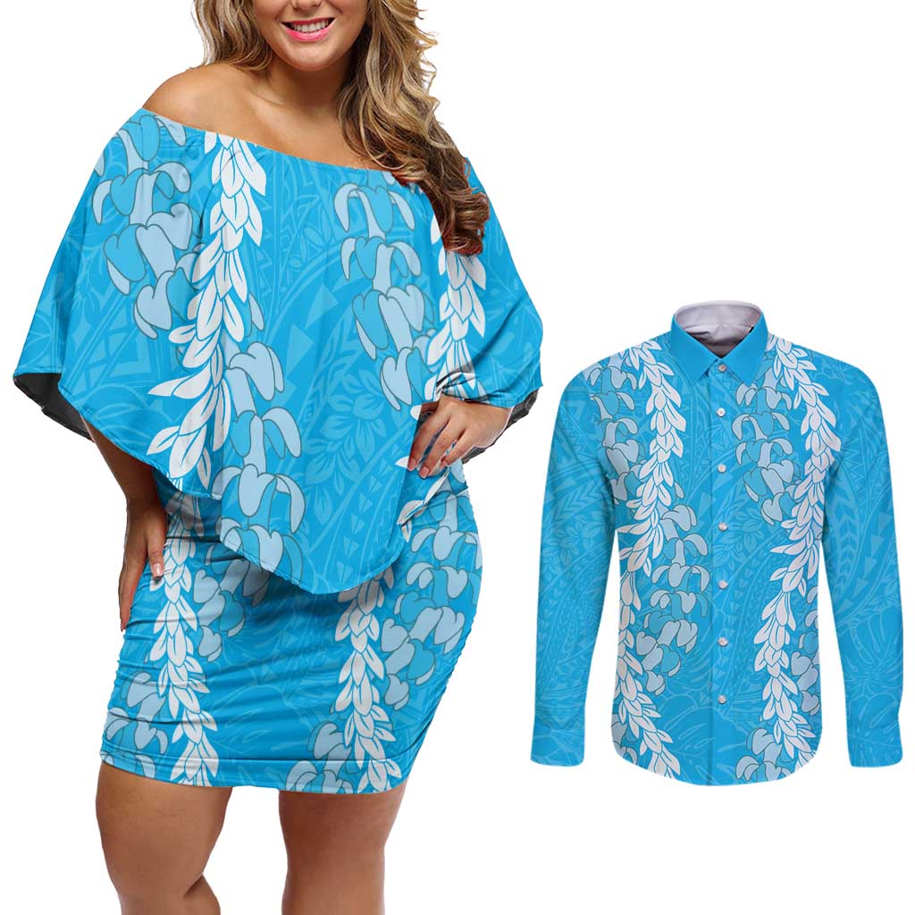 Puakenikeni and Maile Lei Couples Matching Off Shoulder Short Dress and Long Sleeve Button Shirt Blue Double Strand Lei