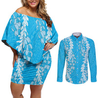Puakenikeni and Maile Lei Couples Matching Off Shoulder Short Dress and Long Sleeve Button Shirt Blue Double Strand Lei