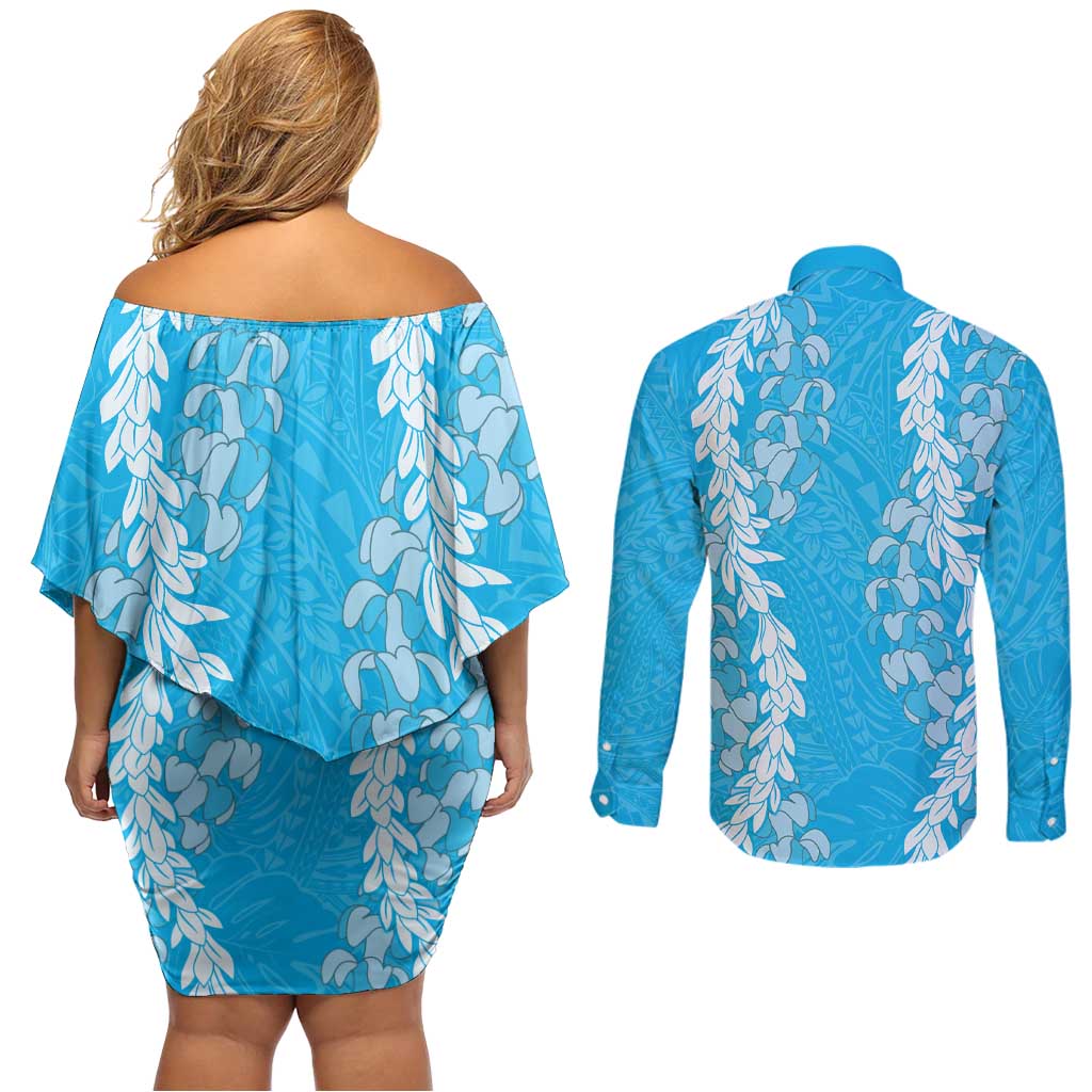 Puakenikeni and Maile Lei Couples Matching Off Shoulder Short Dress and Long Sleeve Button Shirt Blue Double Strand Lei