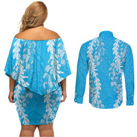 Puakenikeni and Maile Lei Couples Matching Off Shoulder Short Dress and Long Sleeve Button Shirt Blue Double Strand Lei