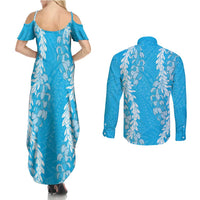Puakenikeni and Maile Lei Couples Matching Summer Maxi Dress and Long Sleeve Button Shirt Blue Double Strand Lei