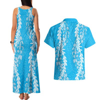 Puakenikeni and Maile Lei Couples Matching Tank Maxi Dress and Hawaiian Shirt Blue Double Strand Lei