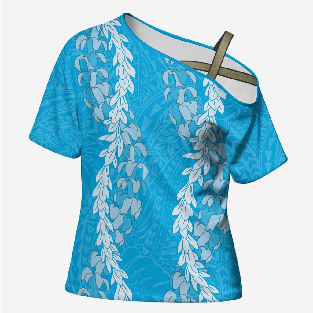 Puakenikeni and Maile Lei Cross Shoulder Shirt Blue Double Strand Lei - Polynesian Pride