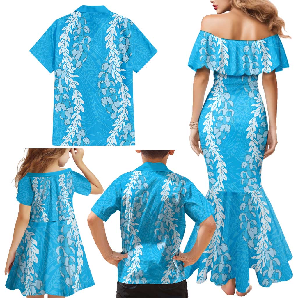 Puakenikeni and Maile Lei Family Matching Mermaid Dress and Hawaiian Shirt Blue Double Strand Lei