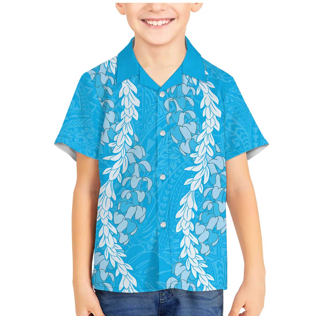 Puakenikeni and Maile Lei Family Matching Mermaid Dress and Hawaiian Shirt Blue Double Strand Lei