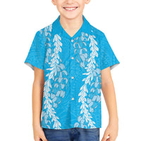 Puakenikeni and Maile Lei Family Matching Off The Shoulder Long Sleeve Dress and Hawaiian Shirt Blue Double Strand Lei