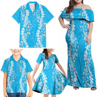 Puakenikeni and Maile Lei Family Matching Off Shoulder Maxi Dress and Hawaiian Shirt Blue Double Strand Lei
