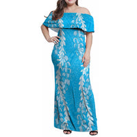 Puakenikeni and Maile Lei Family Matching Off Shoulder Maxi Dress and Hawaiian Shirt Blue Double Strand Lei