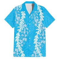 Puakenikeni and Maile Lei Family Matching Off Shoulder Short Dress and Hawaiian Shirt Blue Double Strand Lei