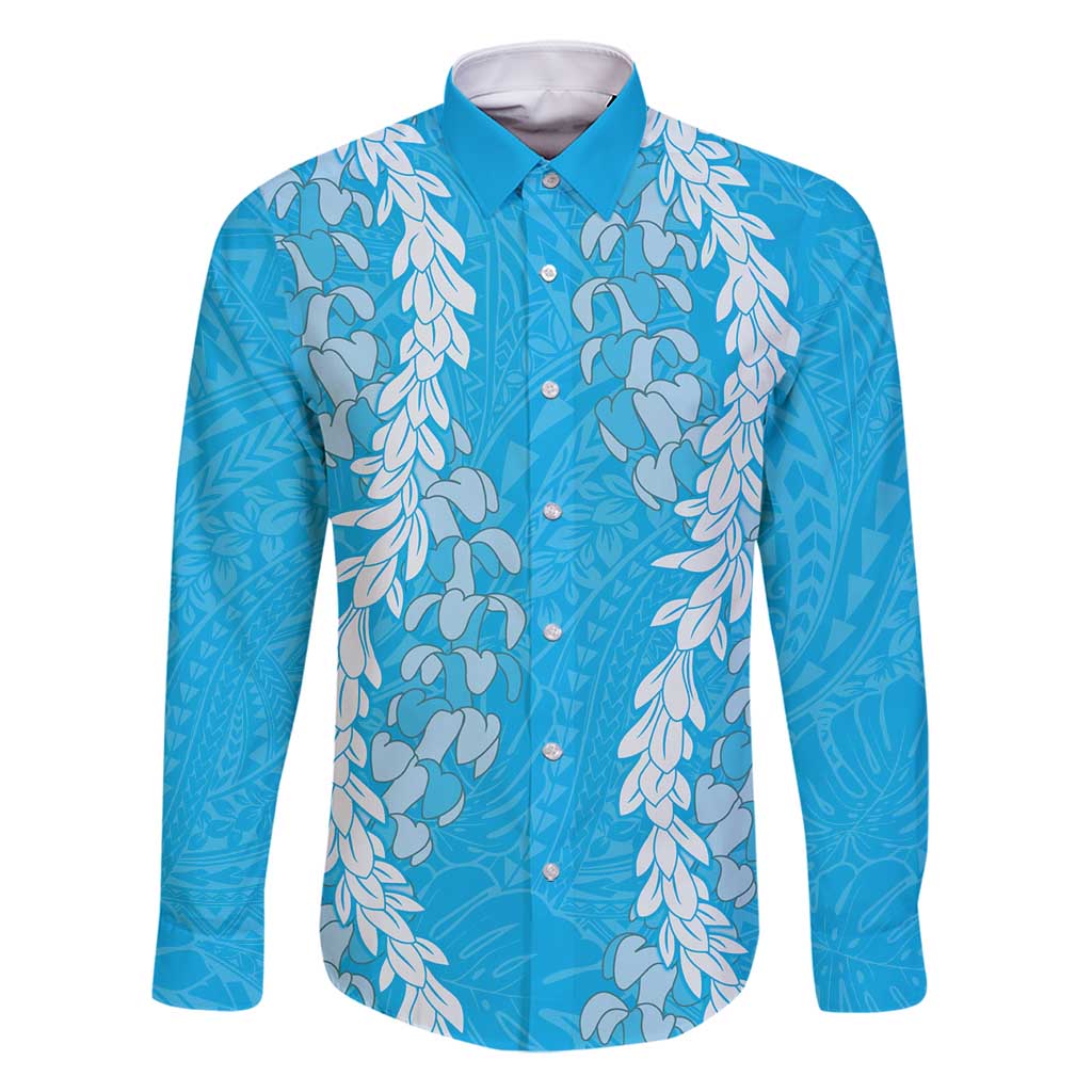 Puakenikeni and Maile Lei Family Matching Off Shoulder Short Dress and Hawaiian Shirt Blue Double Strand Lei