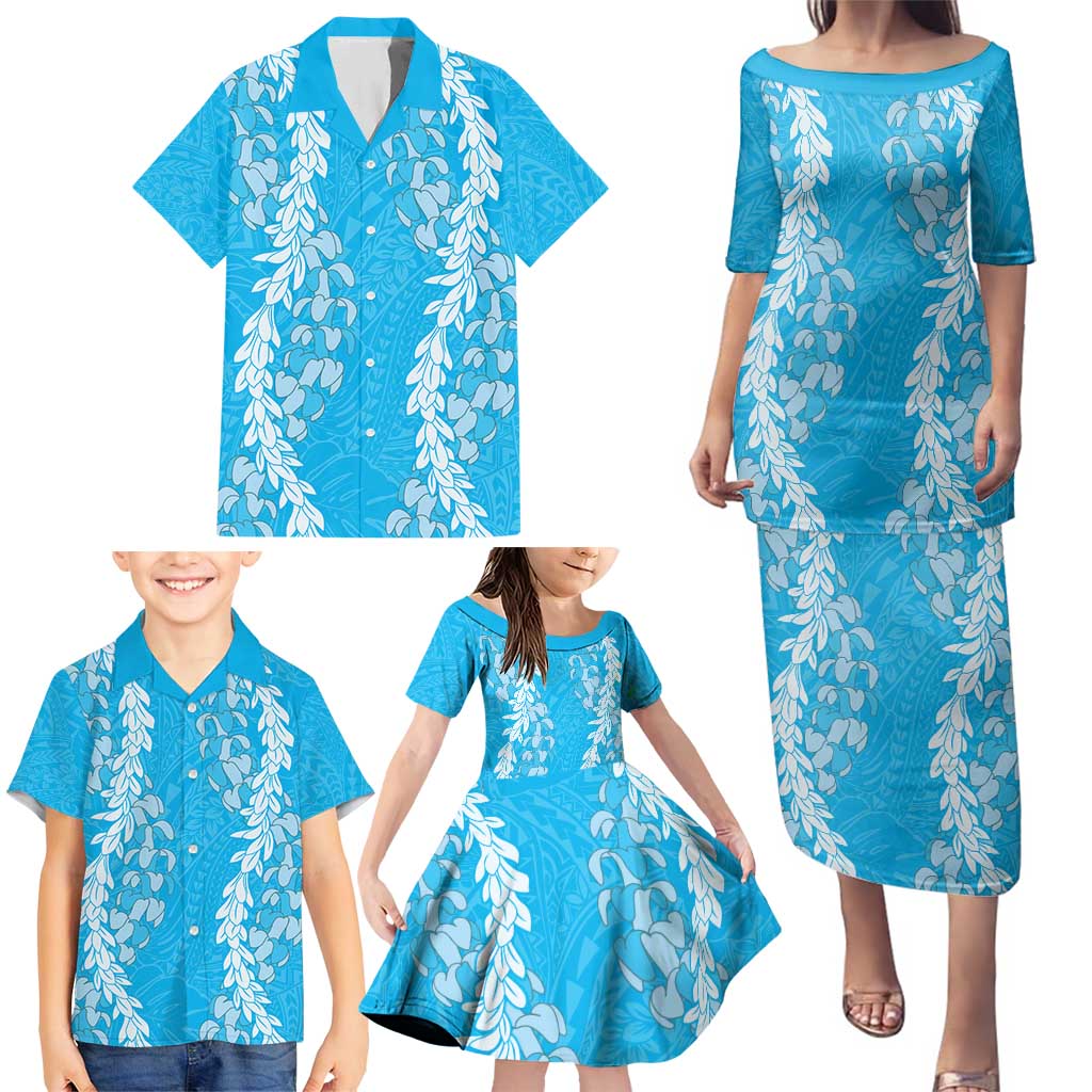 Puakenikeni and Maile Lei Family Matching Puletasi and Hawaiian Shirt Blue Double Strand Lei