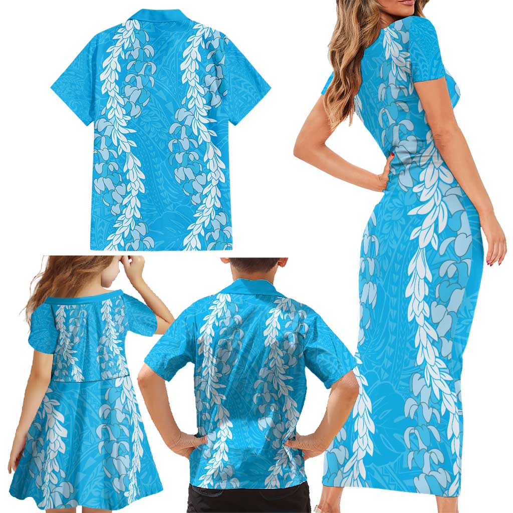 Puakenikeni and Maile Lei Family Matching Short Sleeve Bodycon Dress and Hawaiian Shirt Blue Double Strand Lei