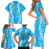 Puakenikeni and Maile Lei Family Matching Short Sleeve Bodycon Dress and Hawaiian Shirt Blue Double Strand Lei