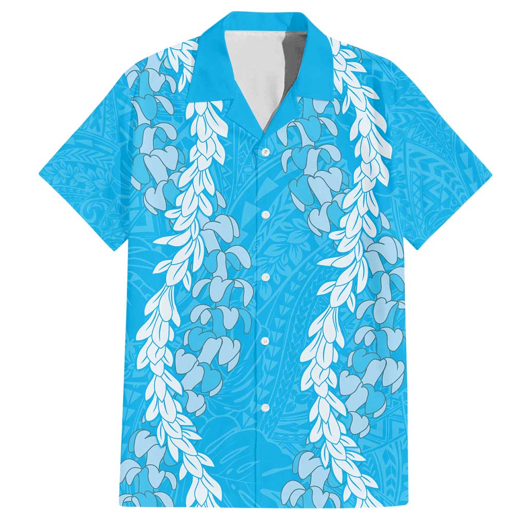 Puakenikeni and Maile Lei Family Matching Tank Maxi Dress and Hawaiian Shirt Blue Double Strand Lei
