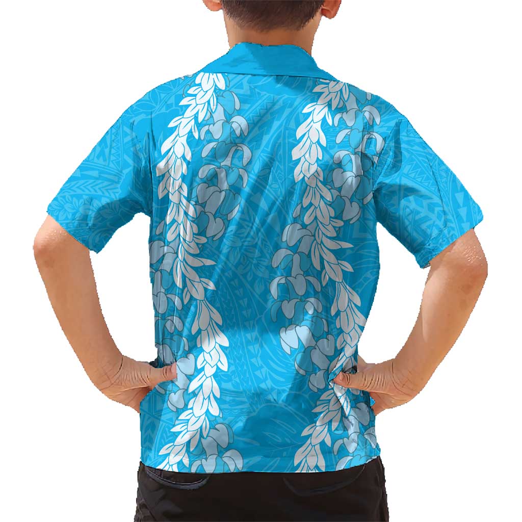 Puakenikeni and Maile Lei Kid Hawaiian Shirt Blue Double Strand Lei