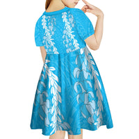 Puakenikeni and Maile Lei Kid Short Sleeve Dress Blue Double Strand Lei