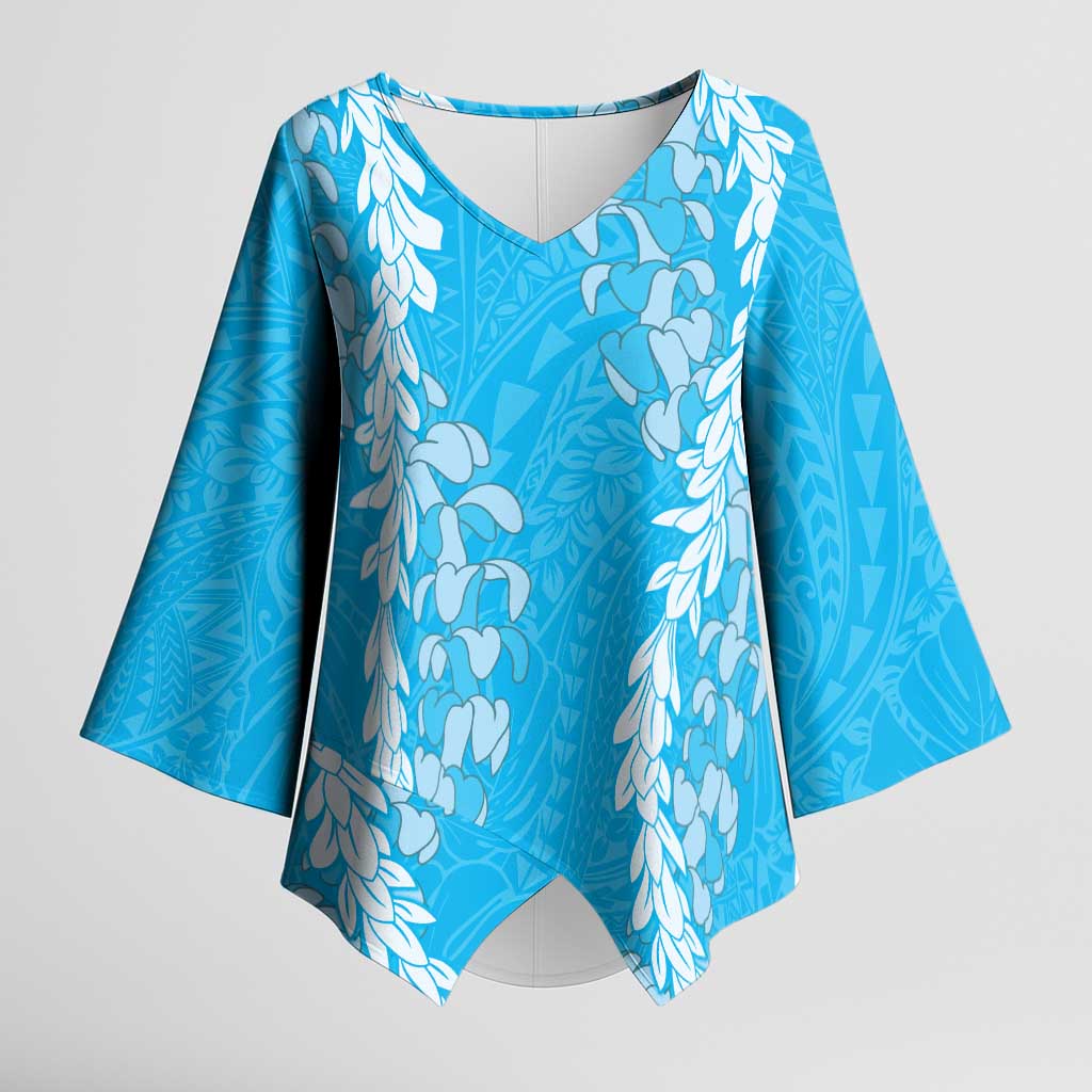Puakenikeni and Maile Lei Kimono Sleeve Blouse Blue Double Strand Lei - Polynesian Pride